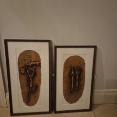 Beautiful pair of mid century style abstract paintings,African/tribal motif,skibbreen framed
