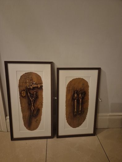 Beautiful pair of mid century style abstract paintings,African/tribal motif,skibbreen framed