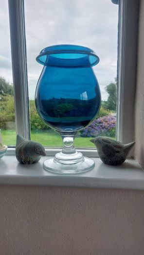 Stunning Vintage Oversized Hand-Blown Glass Brandy Balloon Vase With a Turnover Rim, In a Fantastic Petrol Blue with a Clear Stem and Foot, Perfect as a Hurricane-Style Candle Holder