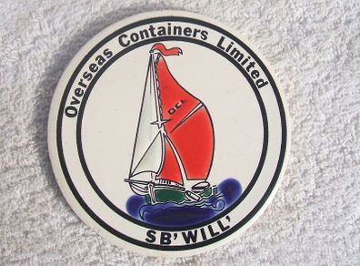 SAILING BARGE WILL (S.B. Will) - a vintage ceramic plaque issued by Overseas Containers Limited (c.1970s). 3.5" (90mm) diameter.