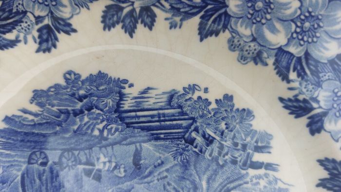 Lovely Vintage Blue and White 7.75 Inch Luncheon Plate By Enoch Wedgwood (Tunstall) Ltd, in the Lovely Cottagecore Style Woodland Pattern, Some Crazing