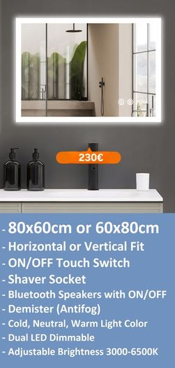 LED Bathroom Mirrors Selection Clock Speakers Bluetooth Demister Antifog Wi-Fi Weather Station Makeup