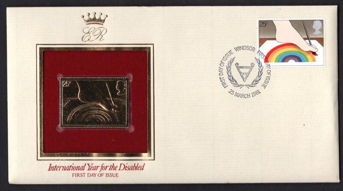 1981 Great Britain International Year for the Disabled Commemorative stamps with Gold Replica Stamp First Day Cover (FDC)