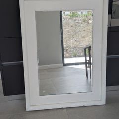 Large White Wooden Wall Mirror with Blue Accent Trim (35 cm x 120 cm)
