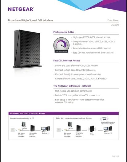 Netgear Vdsl2 / Adsl2 Dm200 Modem/Bridge
