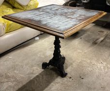 cafe table cast iron base galvonised top oak surrounded