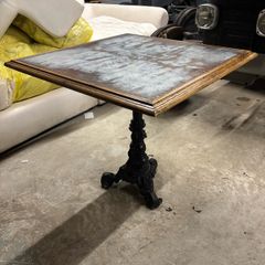 cafe table cast iron base galvonised top oak surrounded
