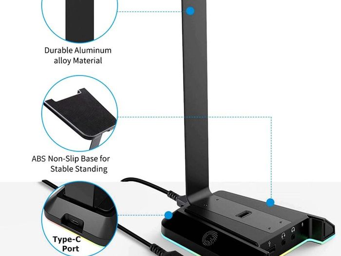 W1 RGB Headphones Stand Gaming Headset Stand with 7.1 Surround Sound, Desktop Headphone Holder with 3.5mm Aux and 2 USB Ports, Aluminum PC Gamer Headset Accessories