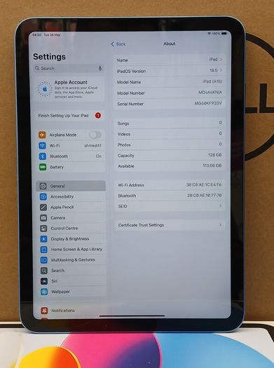 Apple iPad A16  (A3354) 11" 128GB Blue, WiFi  MD4A4KN/A Maximum capacity :100% Cycle count: 1