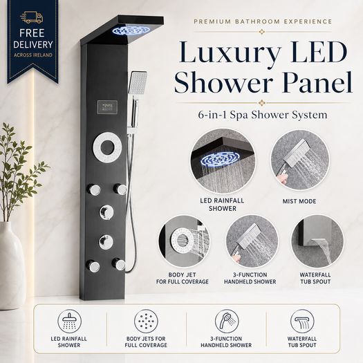 6-in-1 Black Stainless Steel Shower Panel with LED Rainfall, Mist and Temperature Display