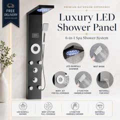 6-in-1 Black Stainless Steel Shower Panel with LED Rainfall, Mist and Temperature Display