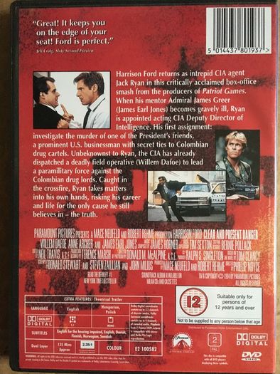 Clear And Present Danger [2000] Harrison Ford & Willem Dafoe [Movie DVD]