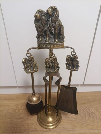 Vintage Cocker Spaniel Dog Brass Fireplace Tools Set