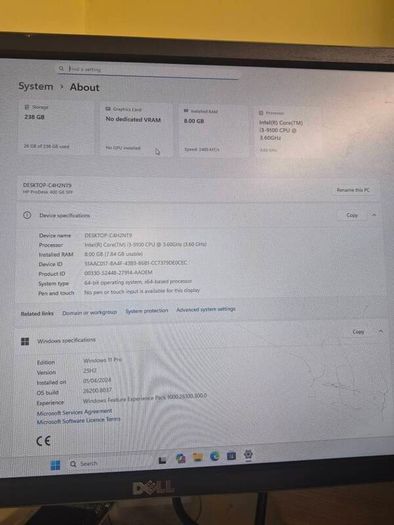 HP Prodesk 400 G6 SFF, i3 9th gen, 8gb, 256 ssd, windows 11