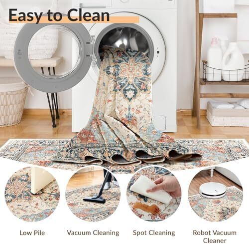 Machine Washable Rugs 90x150 cm Vintage Area Rug Low Pile Anti-Slip Carpet with Print Pattern for Living Room Bedroom Home Office Indoor Beige/Blue/Orange