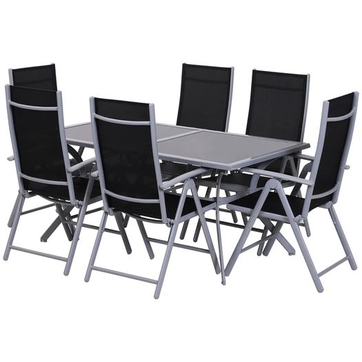Outdoor Patio Garden Texteline Dining Furniture Set with 6 Folding Chairs Plus Table - Black (7-Piece)