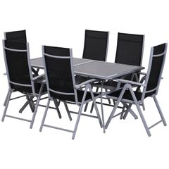 Outdoor Patio Garden Texteline Dining Furniture Set with 6 Folding Chairs Plus Table - Black (7-Piece)