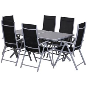 Outdoor Patio Garden Texteline Dining Furniture Set with 6 Folding Chairs Plus Table - Black (7-Piece)