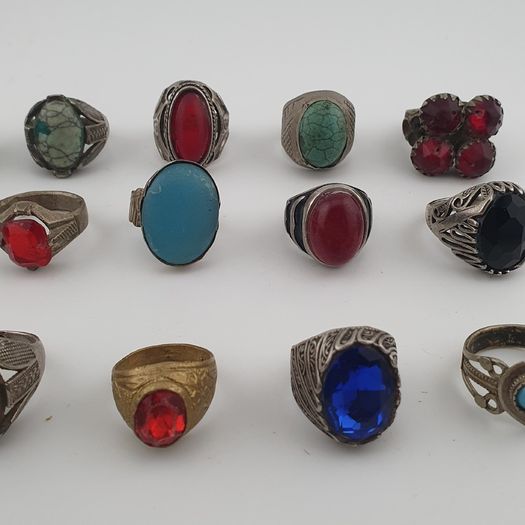15 Rustic Brass Rings Mixed Traditional Glass & Stone Ring Collection