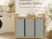 Bamboo Laundry Sorter with 3 Removable Bags and Storage Shelf 150L