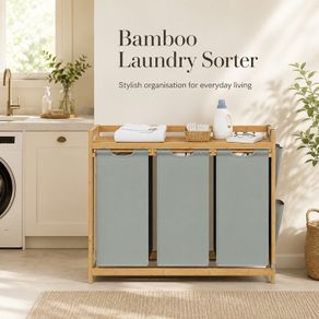Bamboo Laundry Sorter with 3 Removable Bags and Storage Shelf 150L