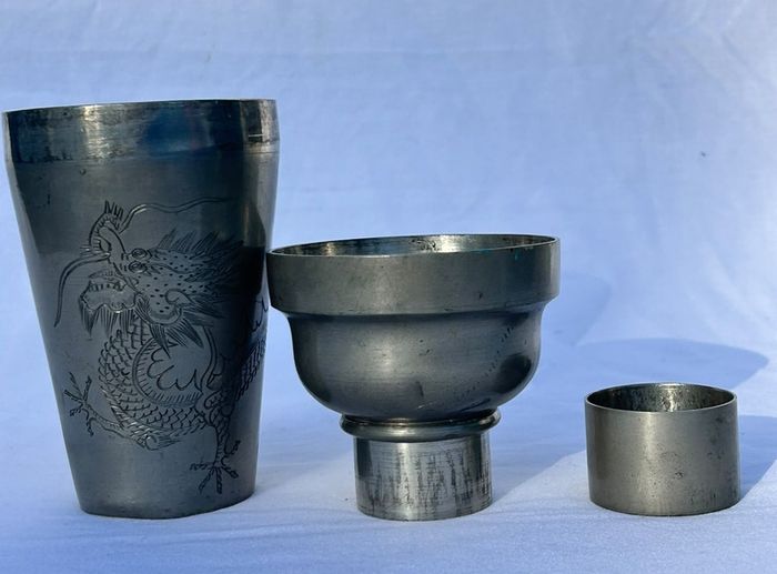 Vintage Chinese Pewter Cocktail Shaker - Kut Hing Swatow - Dragon Pattern