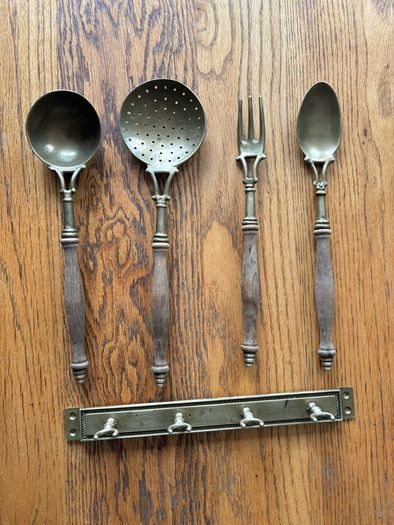 French vintage solid brass and wooden kitchen utensils