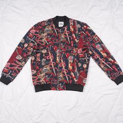 Zara Multicolor Red Navy Dark Gothic Alchemy Tarot Graphic Full Zip Bomber Jacket Size L