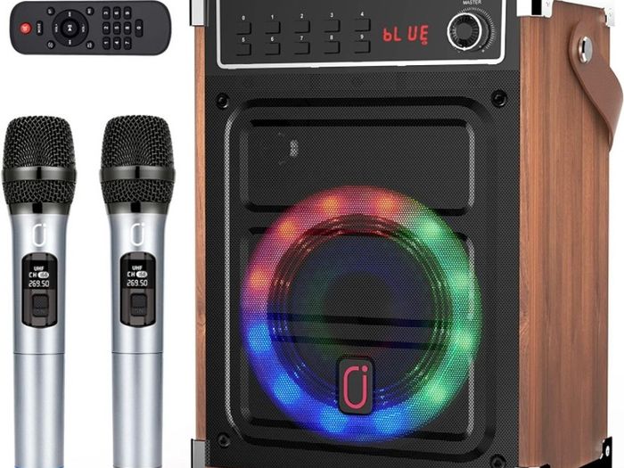 Karaoke Machine with 2 UHF Wireless Microphones, Bluetooth Speaker with Bass/Treble Adjustment and LED Light, PA System Support TWS, AUX in, FM, REC, Supply for Party/Adults/Kids MULTIPLE COLOURS AVAILABLE (FREE POSTAGE)