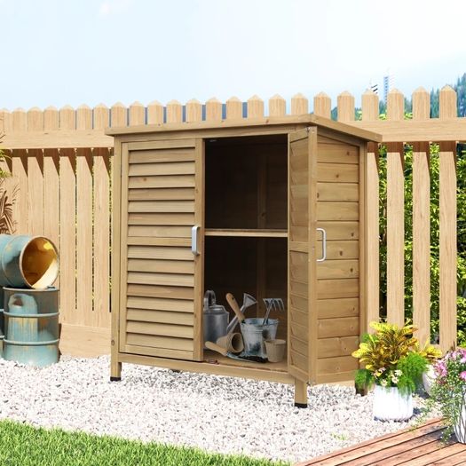 Garden Shed Wooden Garden Storage Shed 2 Door Unit Solid Fir Wood Garage Tool Organisation Cabinet 87L x 46.5W x 96.5Hcm