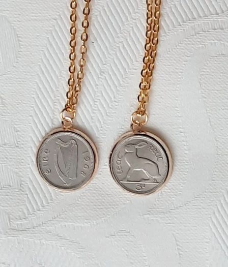 Old Irish threepence coins hare and harp in a gold coloured pendant necklace with FREE STANDARD POSTAGE INCLUDED