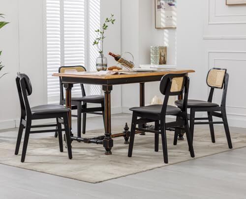 set of 4, wood, kitchen chairs, PU leather upholstered Rattan