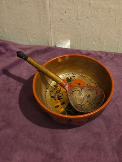 Hand Painted USSR Wooden Bowl and Spoon