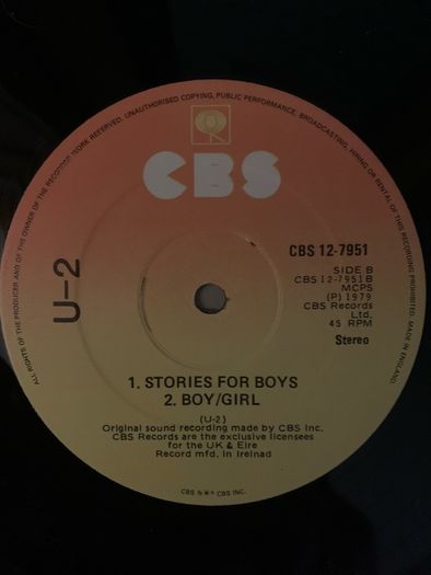 U2 - "Three" - 12" Vinyl from 1979 - CBS 12-7951 - Third Release - Custom CBS Sleeve, CBS Sunburst Labels