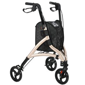 3 Wheel Rollator, Lightweight Aluminium Tri Walker with Adjustable Handle, Storage Bag and Dual Brakes, Folding Mobility Walking Aid for Elderly, Handicapped, 5.3kg, Gold