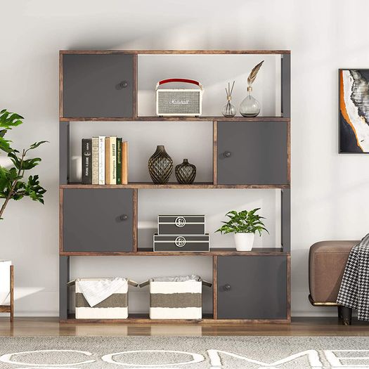 _Bookcase, Standing Shelf with 4 Open Compartments, Vintage Bookcase for Living Room, Industrial Storage Shelf with Cabinet