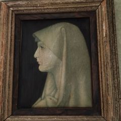 Vintage French Catholic Saint Portrait is enclosed in a rustic, worn wooden frame. St Fabiola Print Wall Decor St Fabiola Print Wall Decor. This image is a label from an Irish-made product.