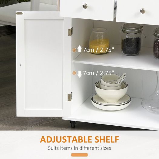 3Tier Spice Rack Rolling Kitchen Island Trolley with Rubber Wood Top, Large Storage Cabinet, Drawers & 3-Tier Spice Rack