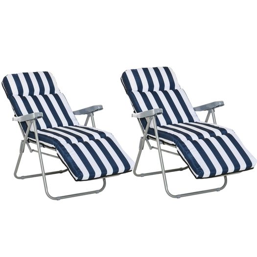 2Pc Folding Sun Loungers Set-Blue/White