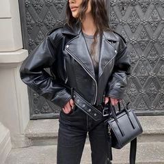 Brand New Cropped Black Faux Leather Biker Jacket Size S