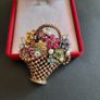 Flower Basket Brooch, Multicolor Rhinestone Floral Bouquet Pin, Gold Tone Woven Basket Jewelry, Retro Spring Garden Theme (X04) Image 6