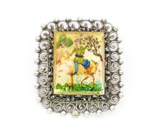 Antique Persian Hand Painted MOP Silver Brooch