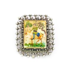 Antique Persian Hand Painted MOP Silver Brooch