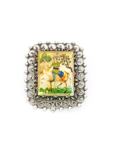 Antique Persian Hand Painted MOP Silver Brooch