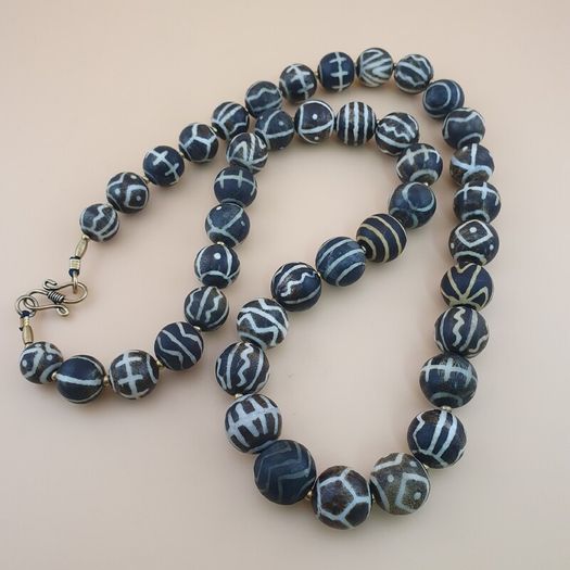 Burmese Antique Pumtek Pyu Petrified Wood Stone Beads Necklace 24 Inches