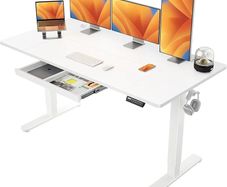 Electric Standing Desk 160 x 80 cm, Height Adjustable Desk, Sit Stand Table with Easy-Glide Drawer & 4 Memory Smart Pannal, T-Leg Design for Stability, Splice Board, White Frame & Surface
