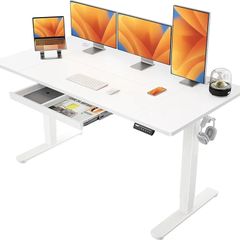 Electric Standing Desk 160 x 80 cm, Height Adjustable Desk, Sit Stand Table with Easy-Glide Drawer & 4 Memory Smart Pannal, T-Leg Design for Stability, Splice Board, White Frame & Surface