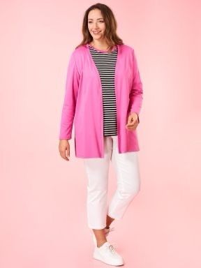 NEW  FURTHER REDUCED from SAMOON a pink casual cardigan with side slits and a matching black and white top with pink trim . Length of both items is 33 inches