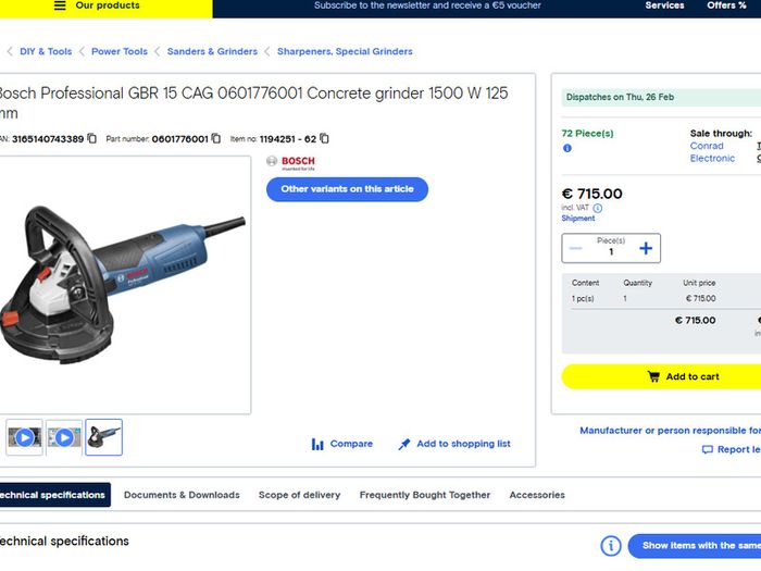 Bosch GBR 15 Cag Concrete Sander 125mm 1500W