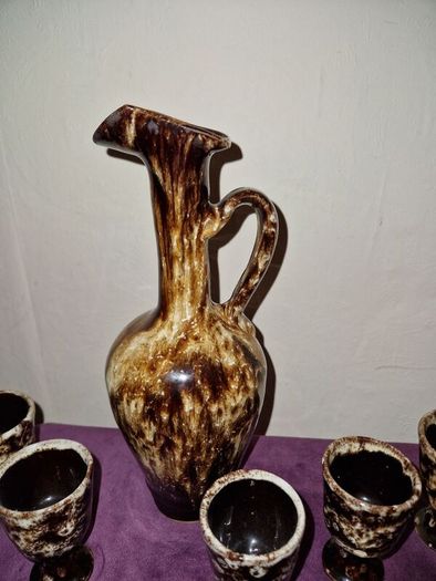 1950's French glazed ceramic wine jug and goblets